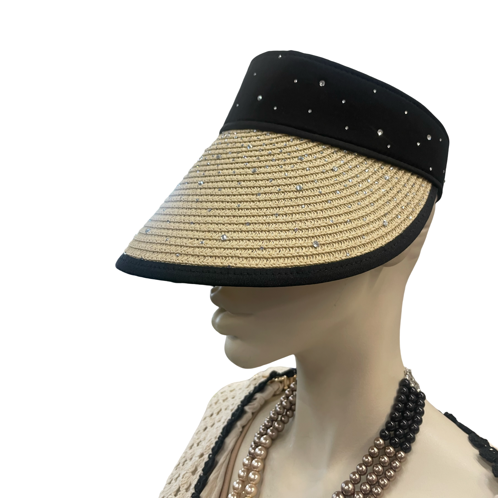 Black and straw rhinestone sun visor