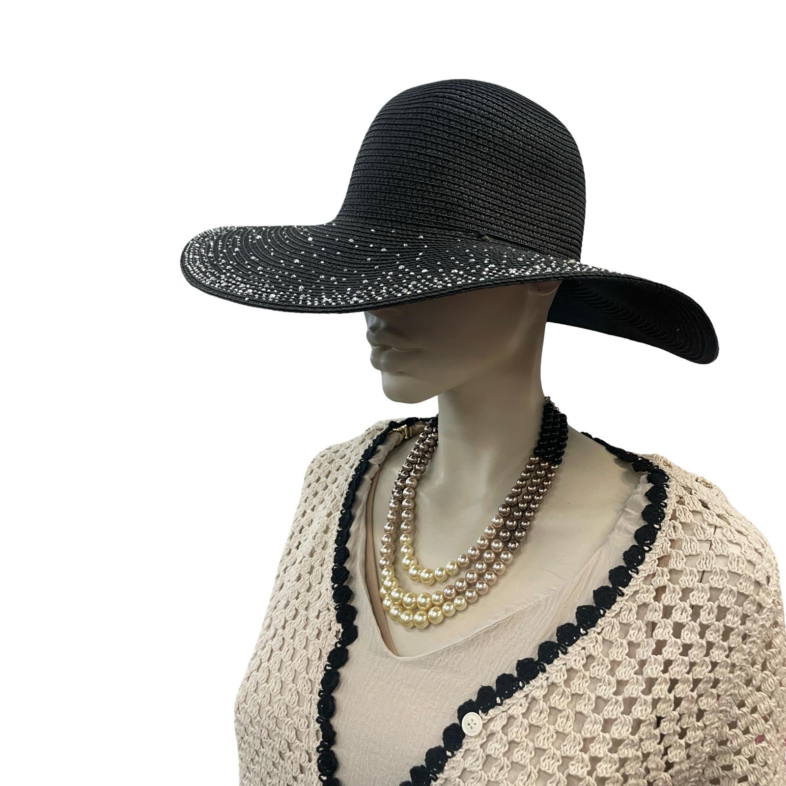 Black wide-brim rhinestone hat
